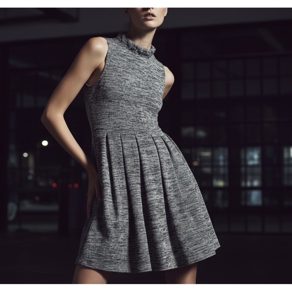 Womens S GANNI Anthropologie Pinnacle Blue Marl Tweed Ruffle Mock Neck Dress